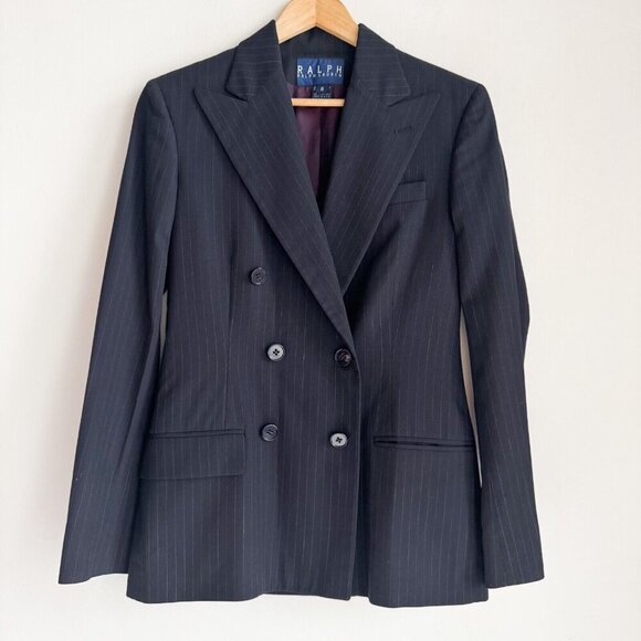 Vintage Ralph Ralph Lauren Double Breasted Pin Striped Navy Blue Blazer 8 - Picture 2 of 8